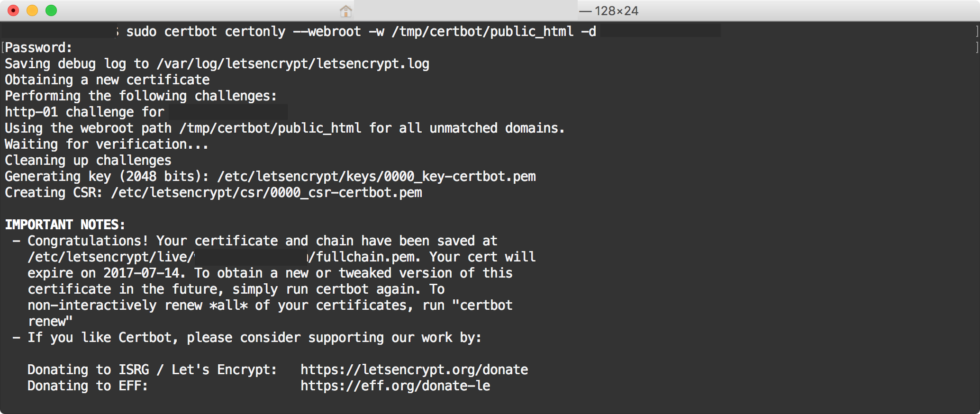 A screenshot of terminal output showing the "Let's Encrypt" certificate generation process
