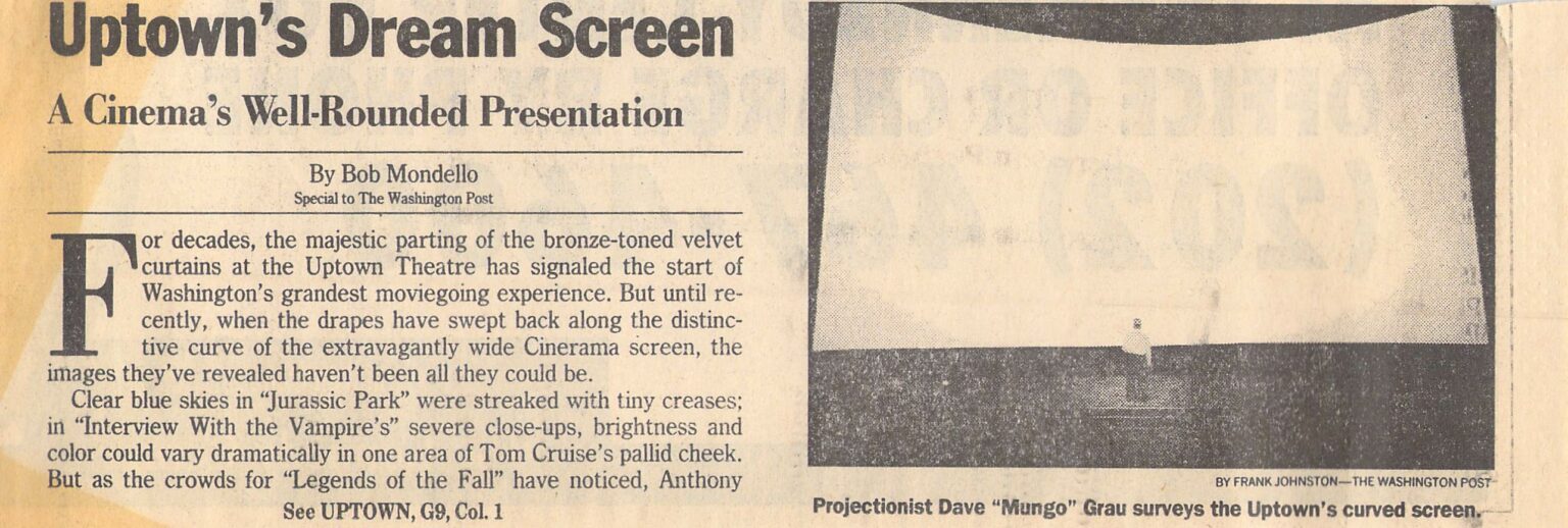 Scanned newspaper clipping: the headline "Uptown's Dream Screen — A Cinema's Well-Rounded Presentation," from The Washington Post, January 29, 1995, with a photo of projectionist Dave "Mungo" Grau surveying the Uptown's curved screen. The full text is transcribed in this post.