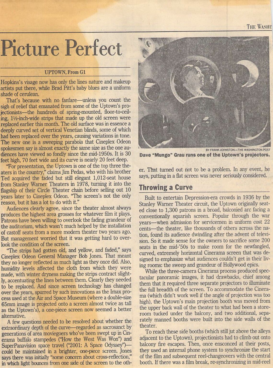 Scanned newspaper clipping, part 2 of 3: the continuation, headed "Picture Perfect," with a photo of Dave "Mungo" Grau running one of the Uptown's projectors. The full text is transcribed below this image.