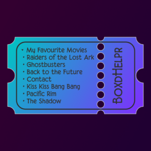 BoxdHelpr App Icon: A dark background, on top of which is a graphic representation of a movie ticket, with a turquoise-purple gradient