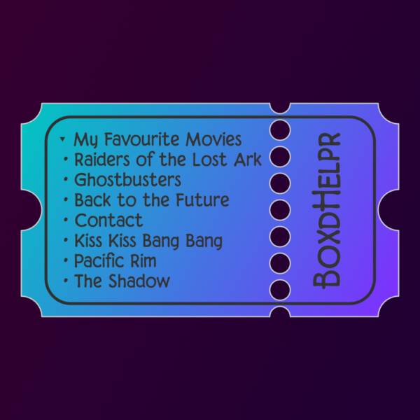 BoxdHelpr App Icon: A dark background, on top of which is a graphic representation of a movie ticket, with a turquoise-purple gradient
