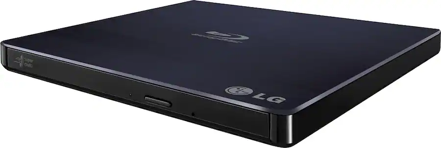 A slim portable Blu-ray drive that looks like a slim black plastic box with subtle LG and Blu-ray logos on it.