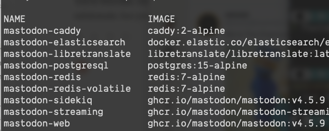 `docker compose ps` command output showing all of the docker containers that make up the mastodon installation