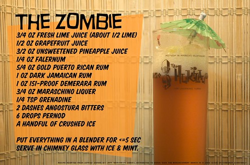 Photo of a brown drink in a tall glass with a logo that says "The Hukilau." The drink has a green paper parasol in it, and sits in fron of a woven bamboo background. The photo contains a recipe for "The Zombie," which is in the body of this post.