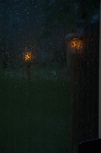 Tao LED tiki torches sit on the other side of a window screen, which is randomly obscured by rain water filling the screen grid squares, blurring the image behind the square and making it look like computer pixels