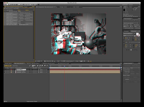 A screenshot of the After Effects app interface, with an image in the central preview area showing the distinctive cyan and red anaglyph 3D look.