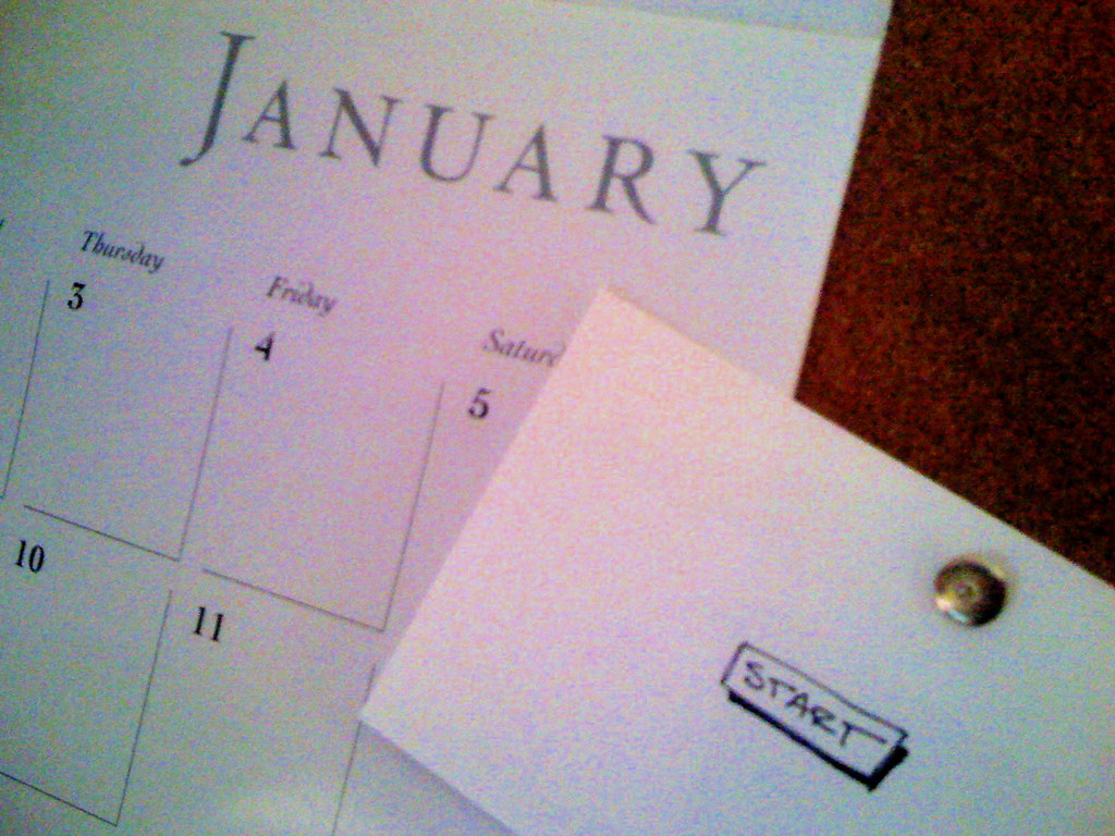 A close-up of a January wall calendar pinned to a corkboard, with a white index card pinned over it. The card has the word "START" hand-drawn inside a box.